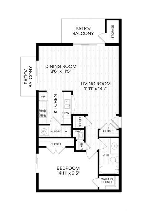 Floor plan for 1 bed, 1 bath, 800 sqft